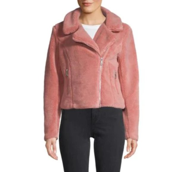VIGOSS Blush Sherpa Faux Fur Moto Jacket M Medium - Picture 3 of 12